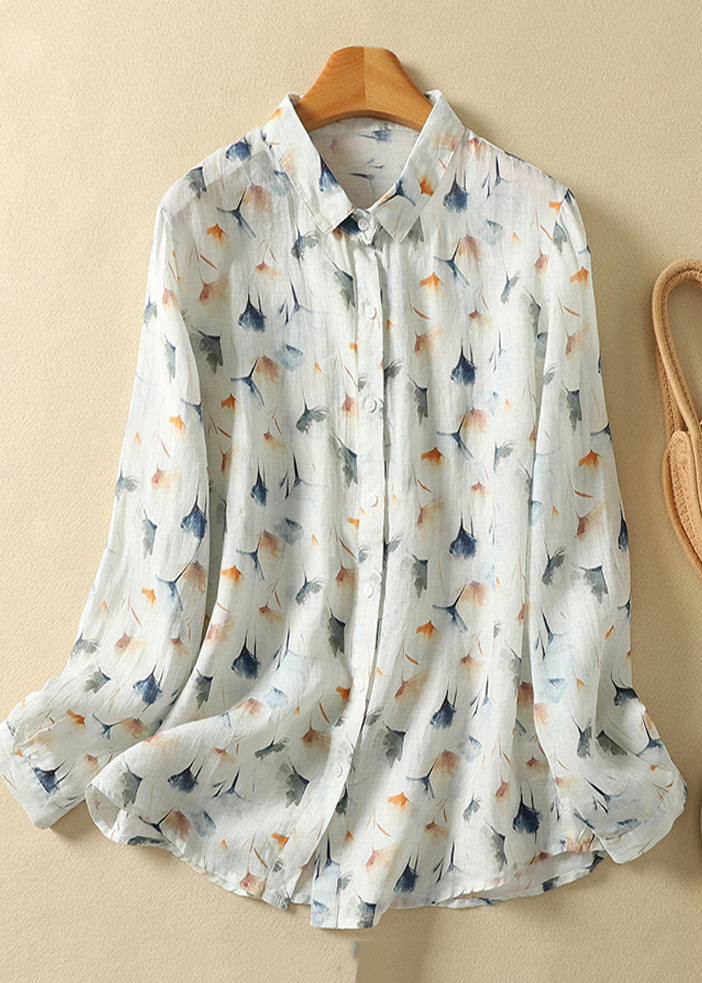 Unique Light Yellow Oversized Print Linen Shirt Tops Spring