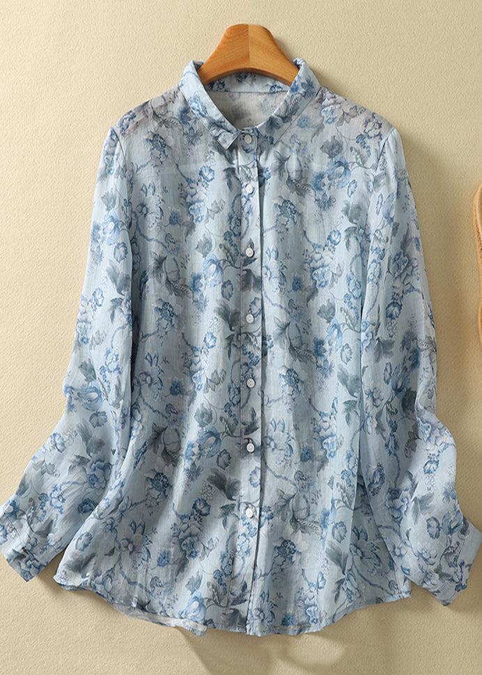 Unique Light Yellow Oversized Print Linen Shirt Tops Spring