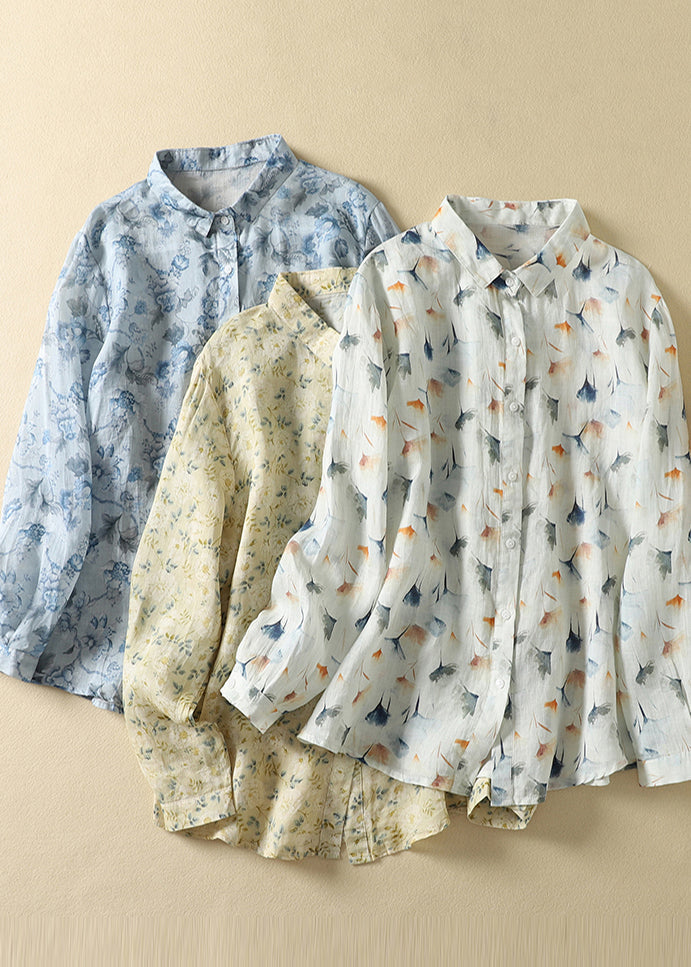Unique Light Yellow Oversized Print Linen Shirt Tops Spring