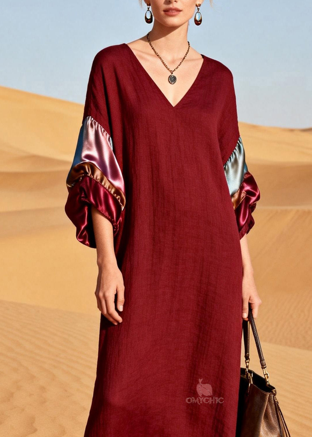 Unique Mulberry V Neck Silk Patchwork Linen Dress Summer