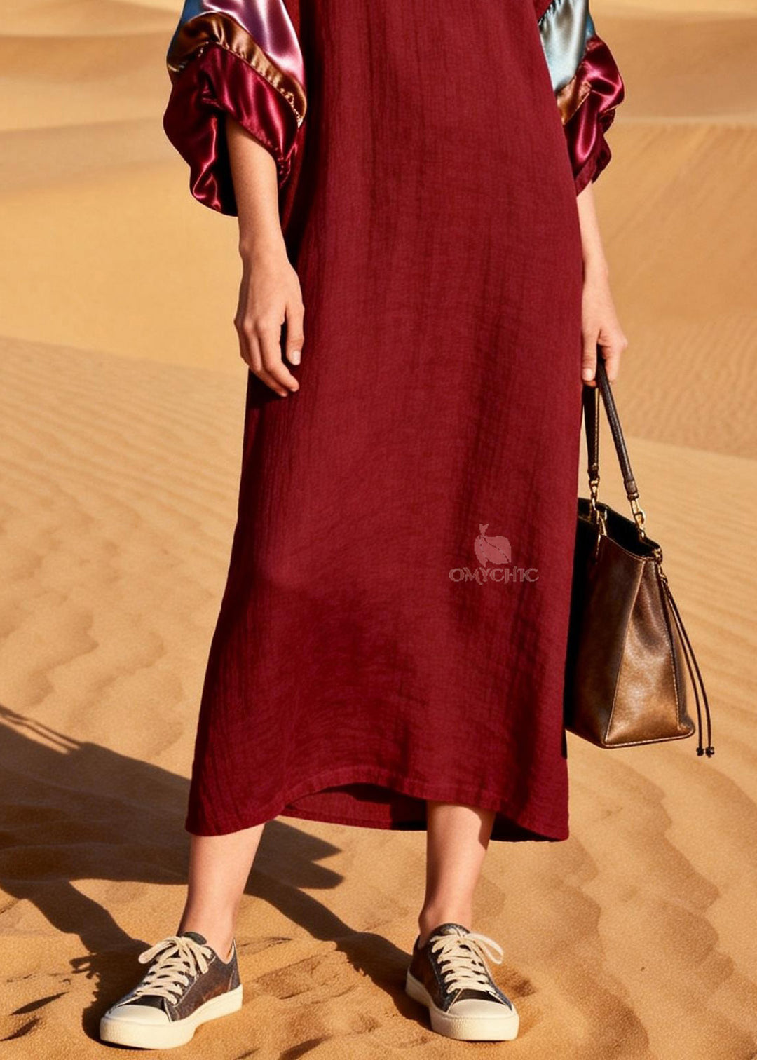 Unique Mulberry V Neck Silk Patchwork Linen Dress Summer