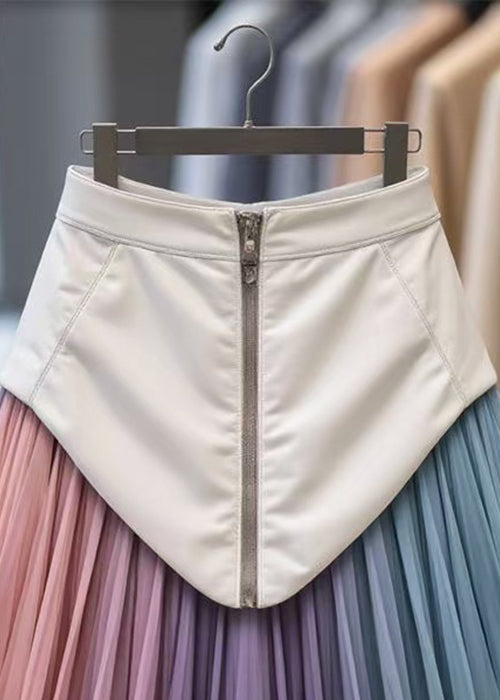 Unique Multicolor Zippered Tulle Patchwork Faux Leather Skirt Spring