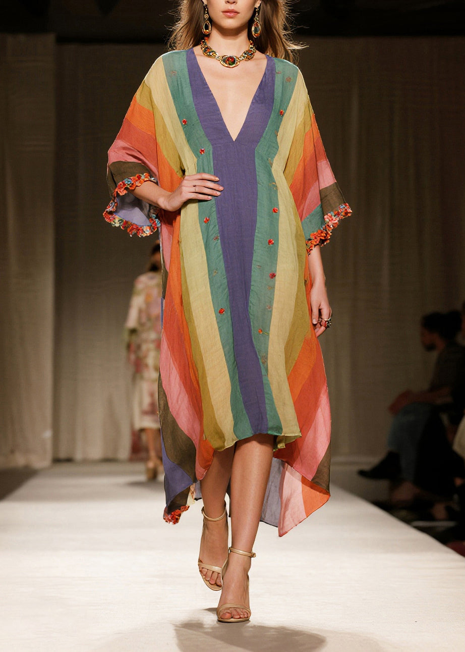 Unique Multicolored Ruffled Striped Cotton Maxi Dress Bracelet Sleeve