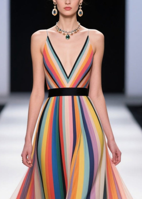 Unique Multicolour Striped Patchwork Flower Chiffon Holiday Dress Summer
