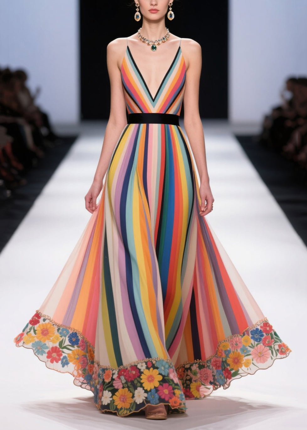 Unique Multicolour Striped Patchwork Flower Chiffon Holiday Dress Summer