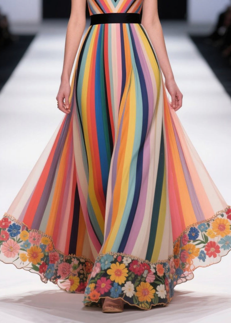 Unique Multicolour Striped Patchwork Flower Chiffon Holiday Dress Summer
