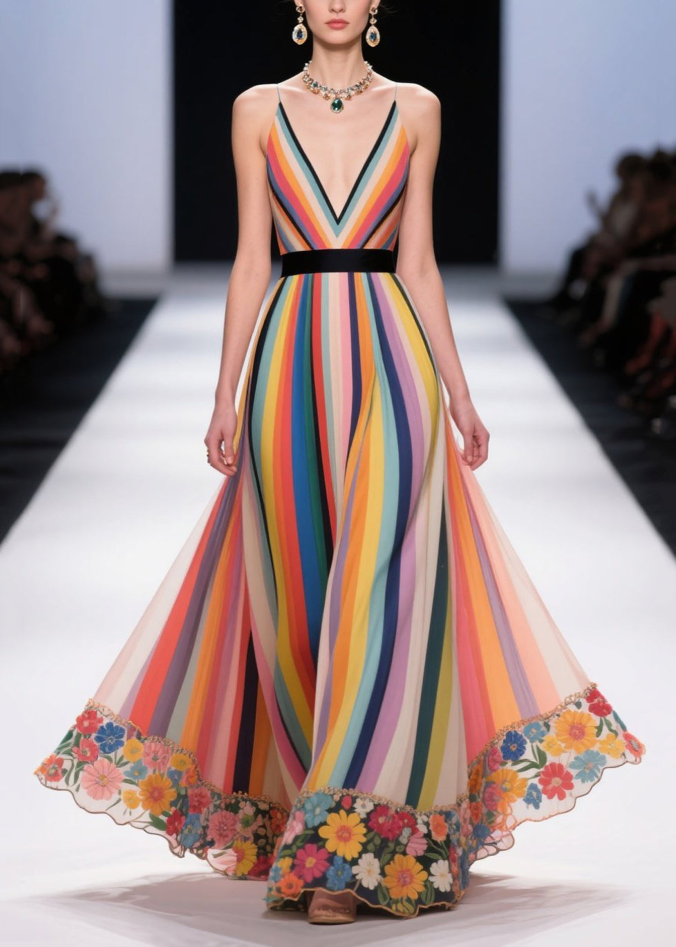 Unique Multicolour Striped Patchwork Flower Chiffon Holiday Dress Summer