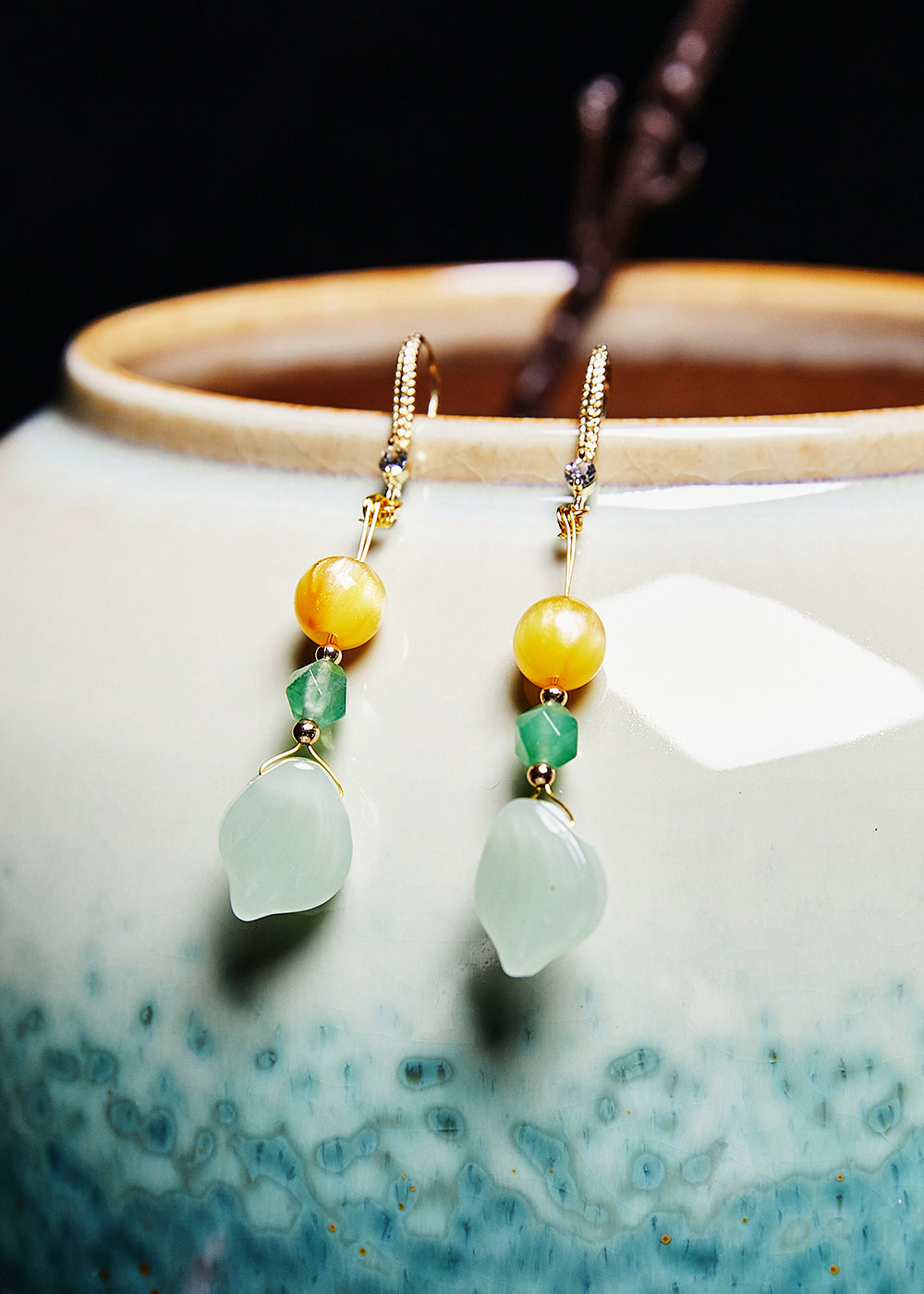 Unique Naturally Jade And Beeswax Drop Earrings