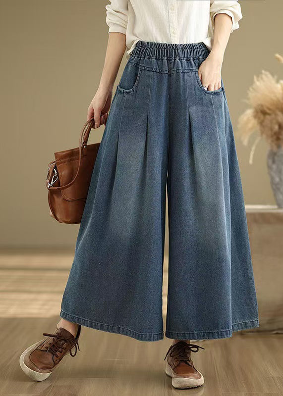 Unique Navy Elastic Waist Wrinkled Denim Wide Leg Pants Summer