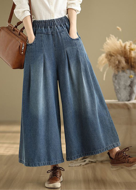 Unique Navy Elastic Waist Wrinkled Denim Wide Leg Pants Summer