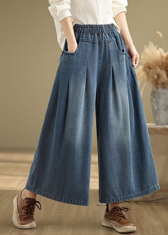 Unique Navy Elastic Waist Wrinkled Denim Wide Leg Pants Summer