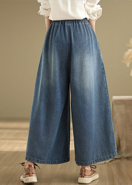 Unique Navy Elastic Waist Wrinkled Denim Wide Leg Pants Summer