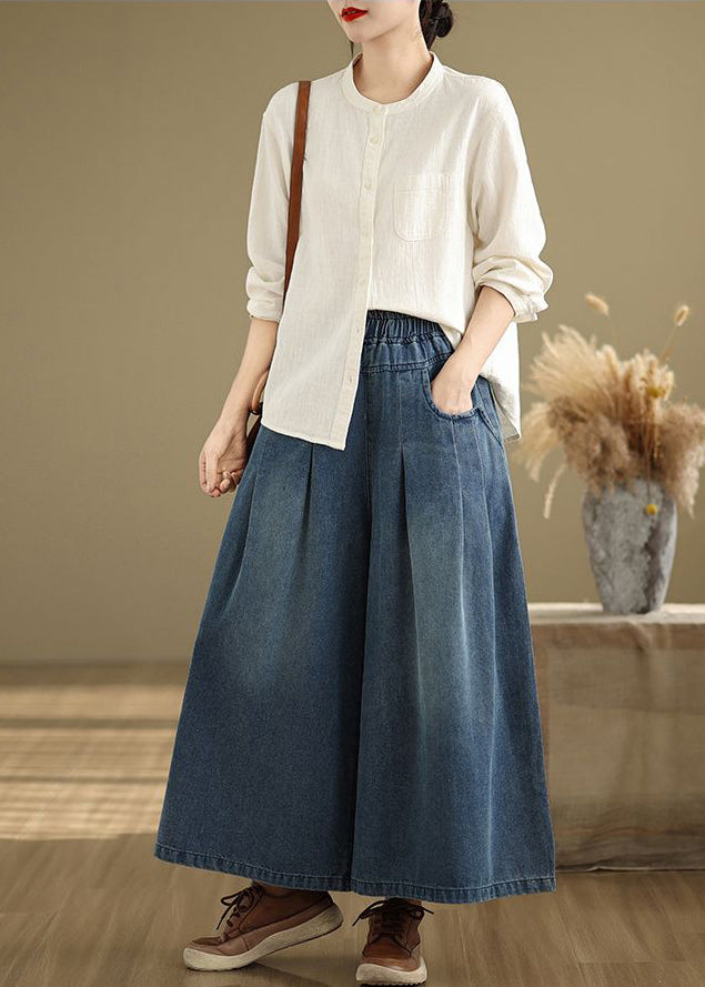 Unique Navy Elastic Waist Wrinkled Denim Wide Leg Pants Summer