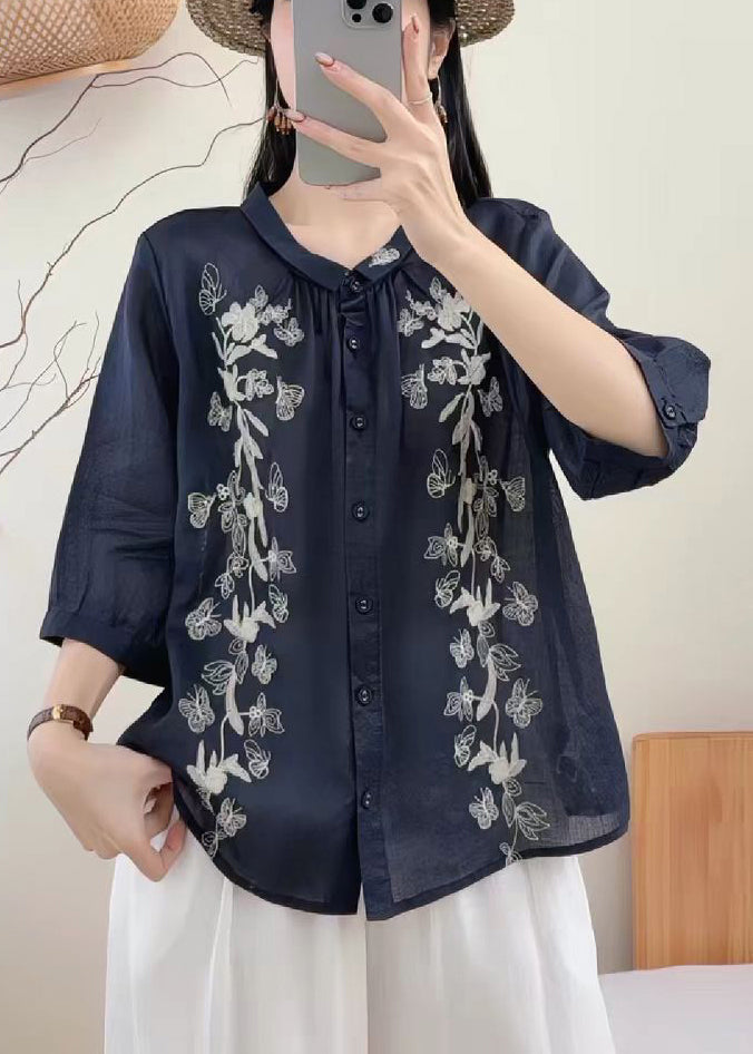 Unique Navy Oversized Butterfly Linen Shirts Bracelet Sleeve