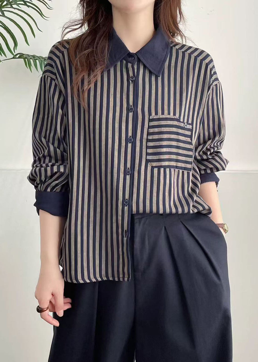 Unique Navy Peter Pan Collar Striped Cotton Shirt Top Spring