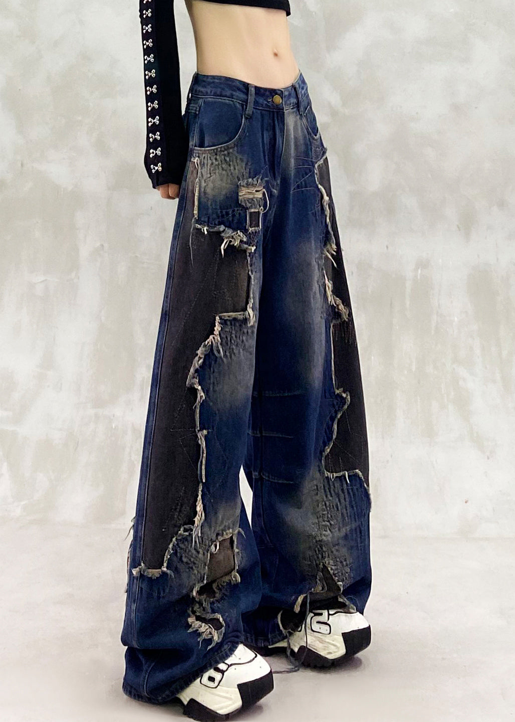 Unique Navy Ripped Patchwork Denim Straight Pants Spring