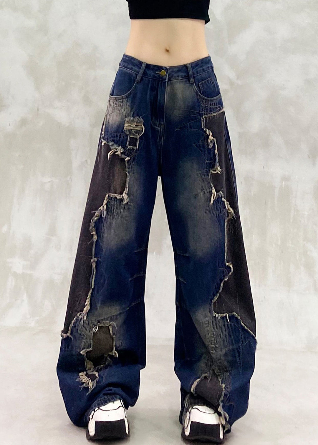 Unique Navy Ripped Patchwork Denim Straight Pants Spring