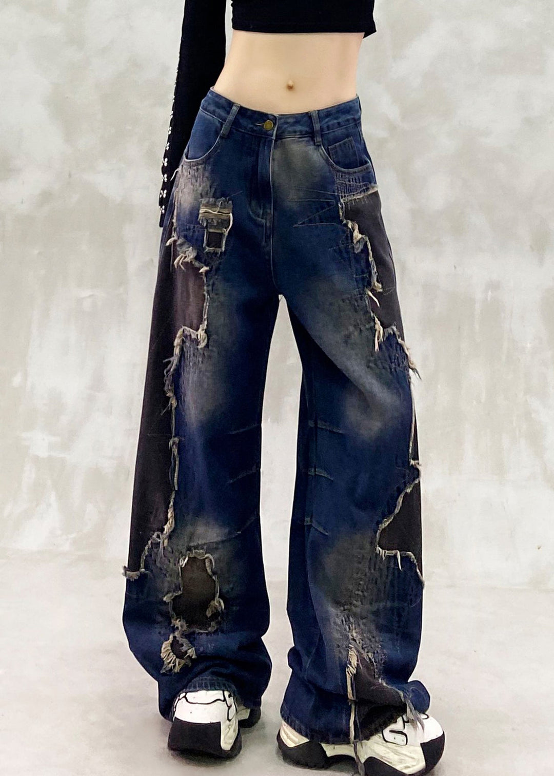 Unique Navy Ripped Patchwork Denim Straight Pants Spring