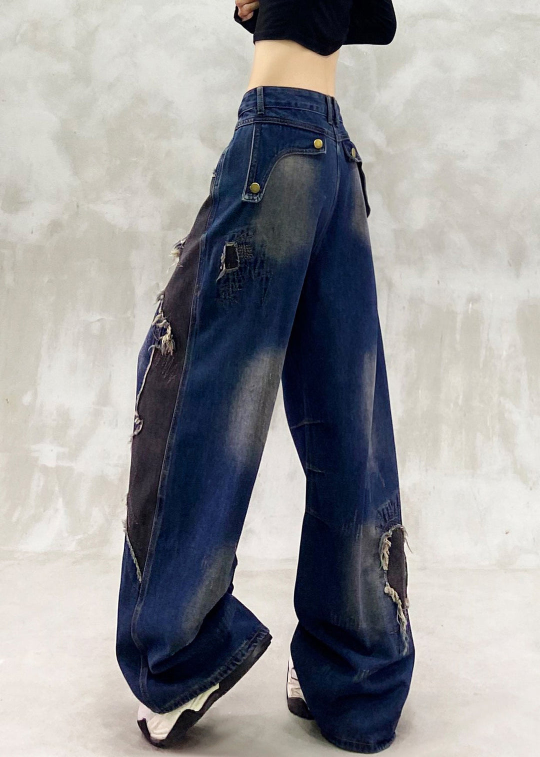 Unique Navy Ripped Patchwork Denim Straight Pants Spring