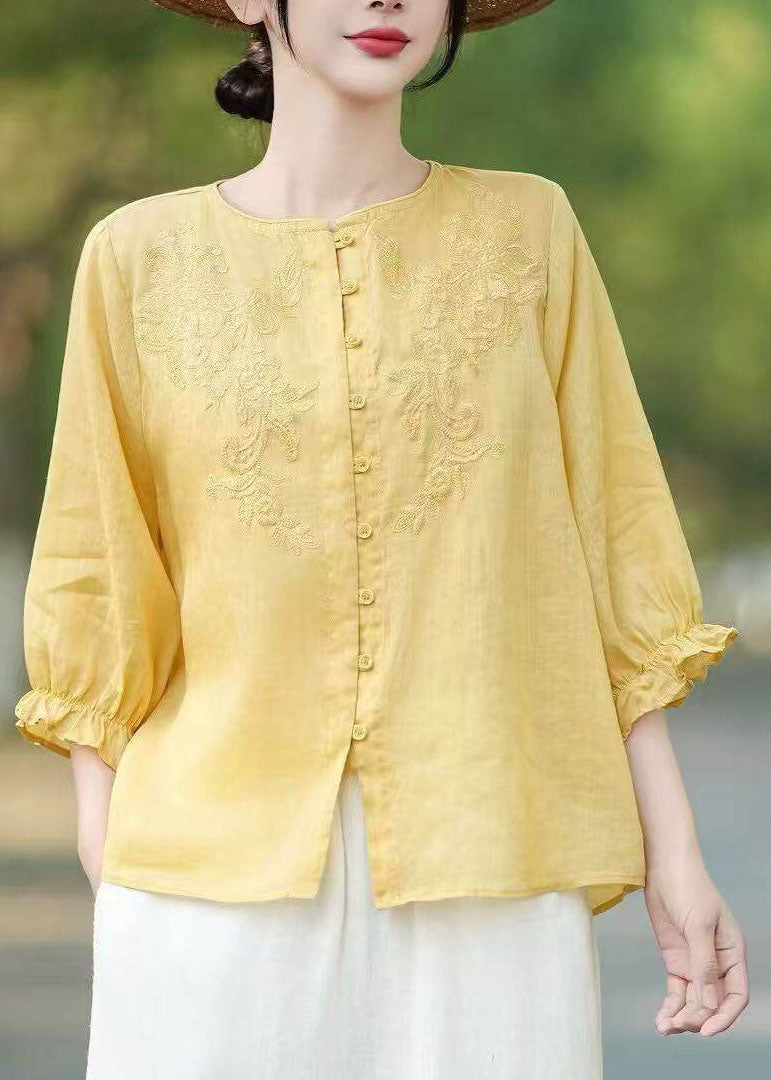 Unique Navy Ruffled Embroidered Linen Shirt Tops Summer
