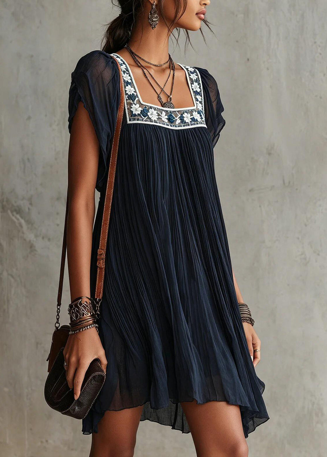 Unique Navy Square Collar Embroidered Chiffon Mini Dress Summer