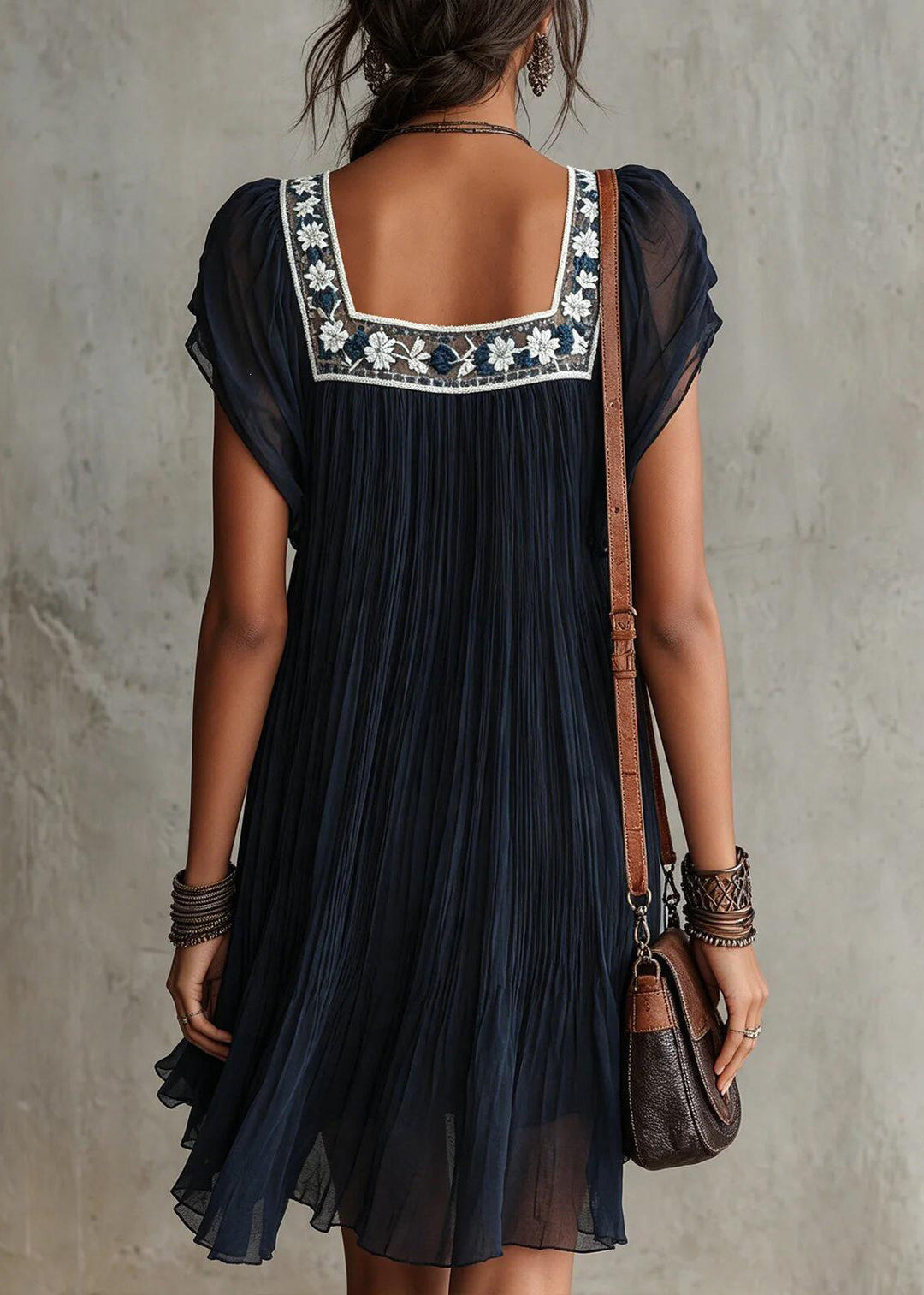 Unique Navy Square Collar Embroidered Chiffon Mini Dress Summer