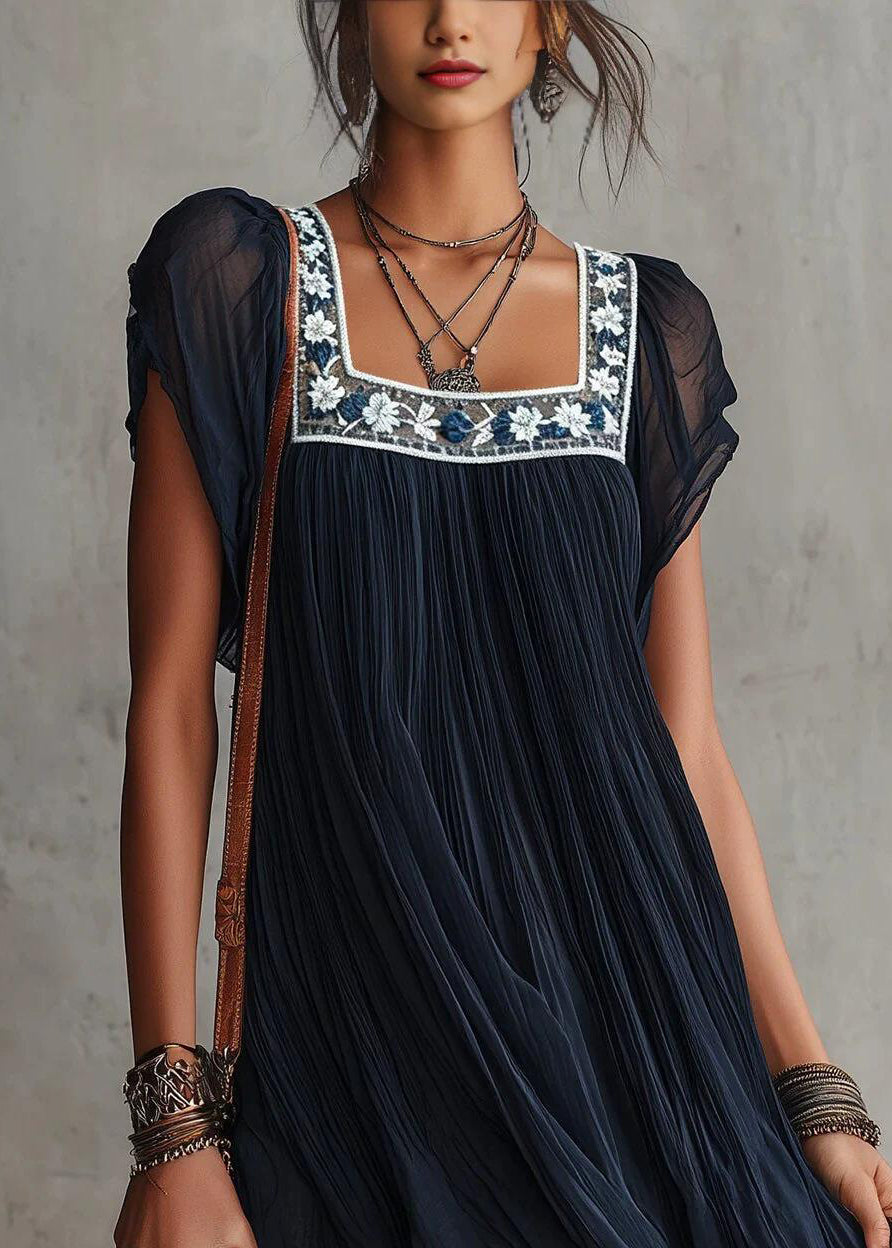 Unique Navy Square Collar Embroidered Chiffon Mini Dress Summer
