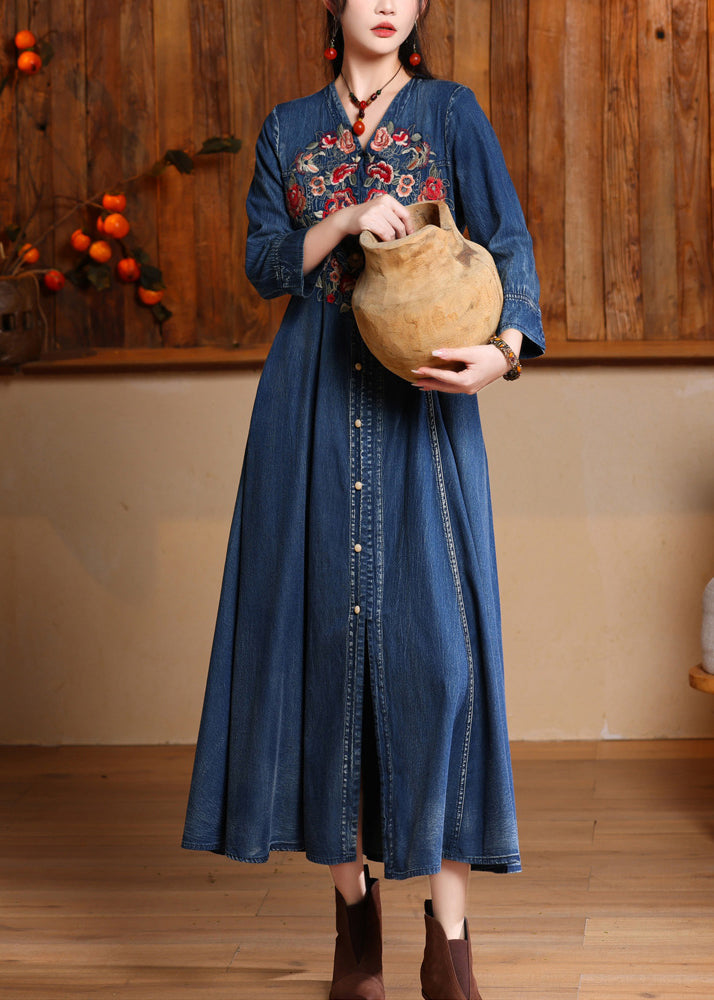 Unique Navy V Neck Embroidered Patchwork Maxi Denim Dress Long Sleeve