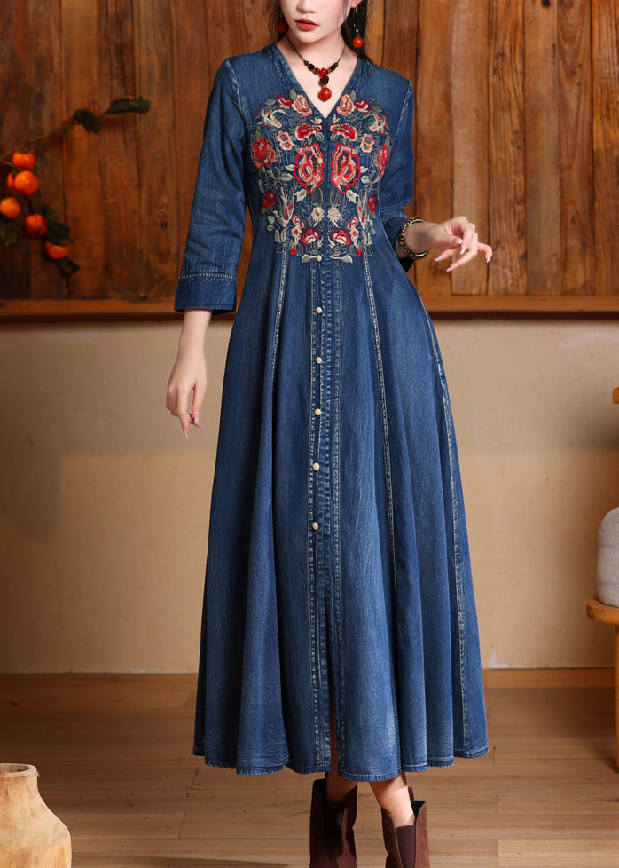 Unique Navy V Neck Embroidered Patchwork Maxi Denim Dress Long Sleeve