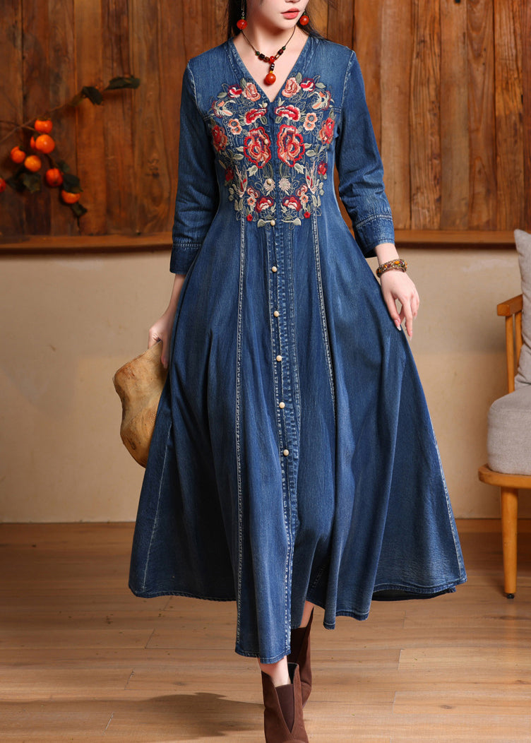 Unique Navy V Neck Embroidered Patchwork Maxi Denim Dress Long Sleeve
