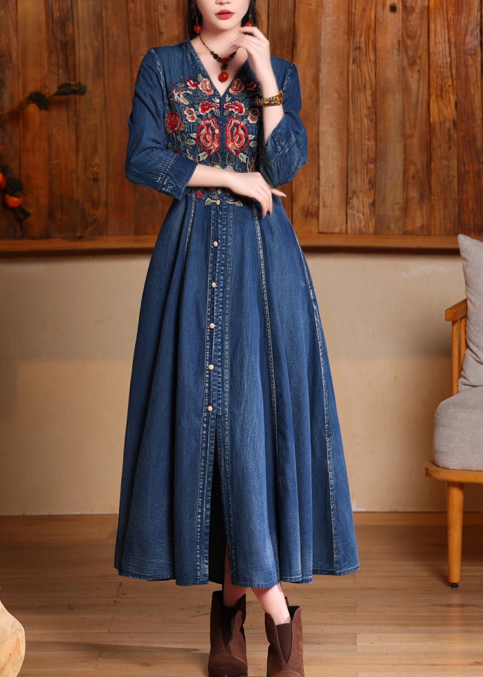 Unique Navy V Neck Embroidered Patchwork Maxi Denim Dress Long Sleeve