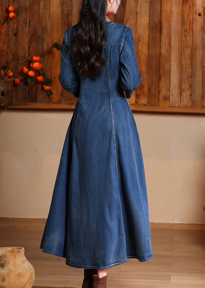 Unique Navy V Neck Embroidered Patchwork Maxi Denim Dress Long Sleeve