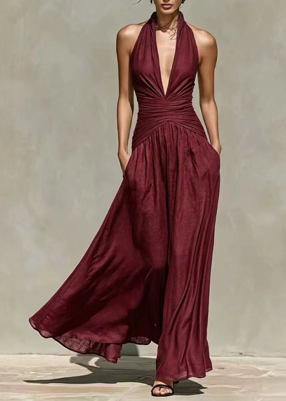 Unique Navy V Neck Halter Long Dresses Sleeveless