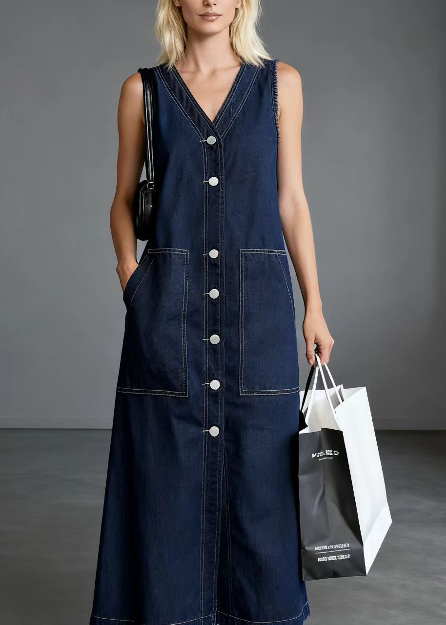 Unique Navy V Neck Side Big Pockets Denim Straight Dresses Sleeveless