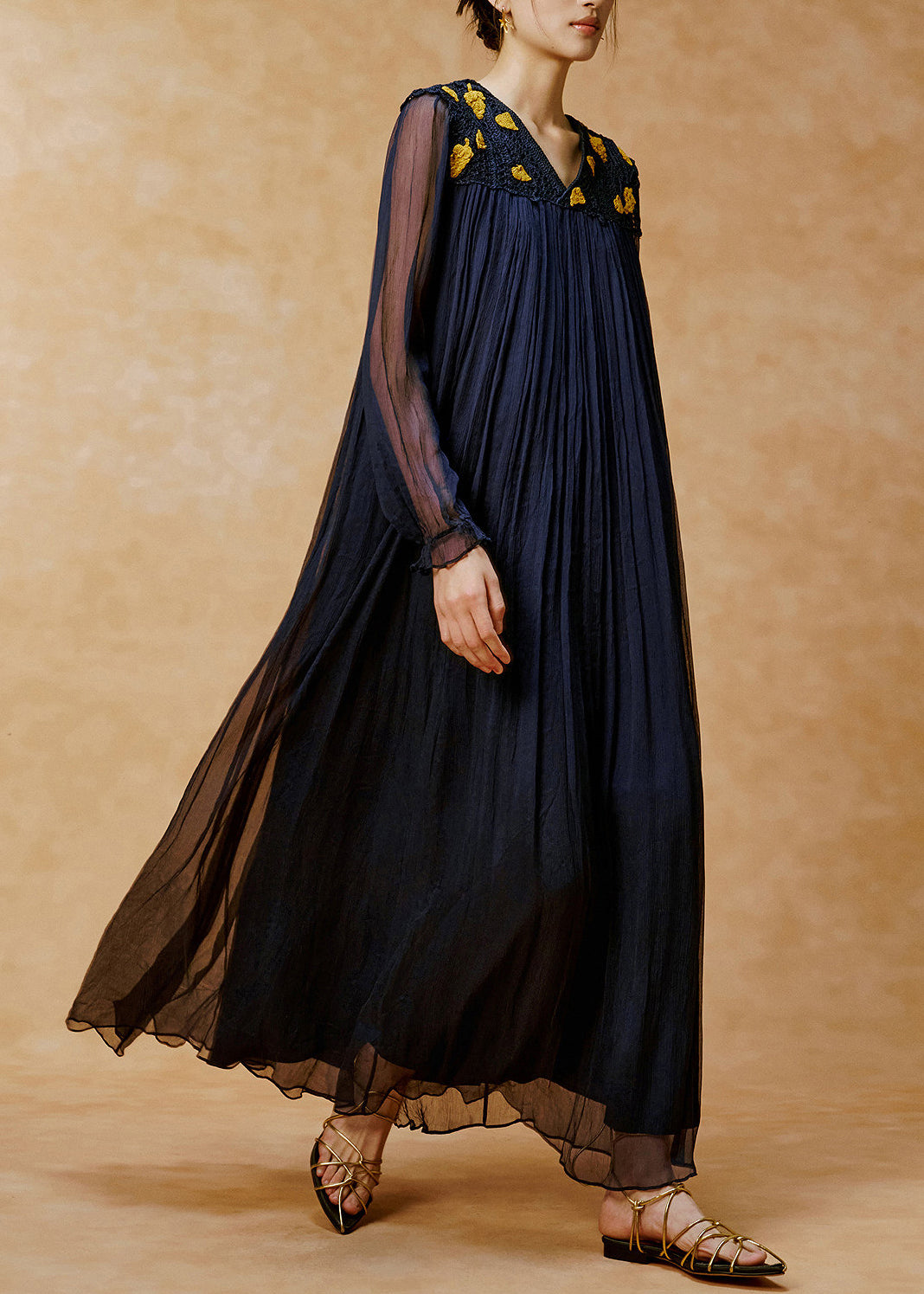 Unique Navy V Neck Wrinkled Handmade Hook Flower Long Dress Spring