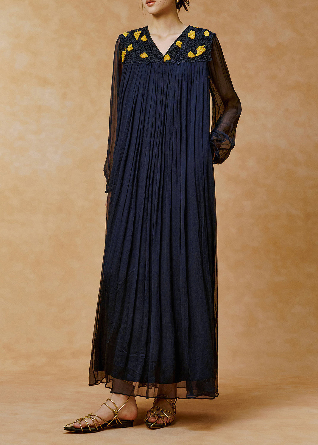 Unique Navy V Neck Wrinkled Handmade Hook Flower Long Dress Spring