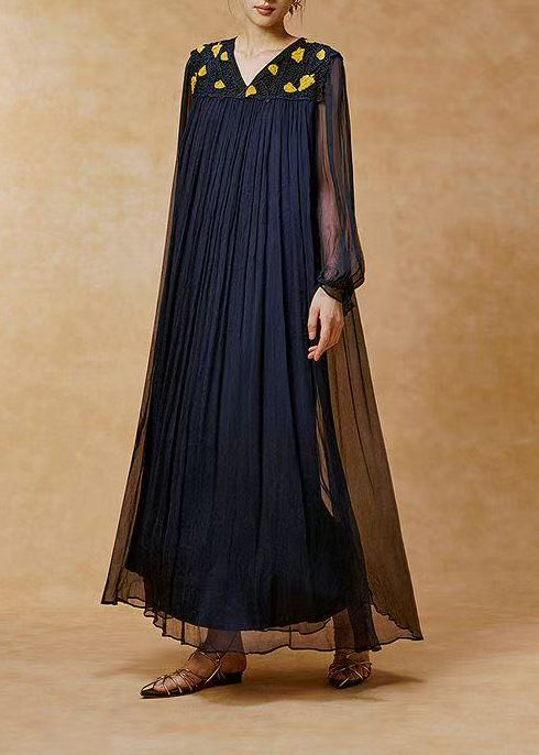 Unique Navy V Neck Wrinkled Handmade Hook Flower Long Dress Spring