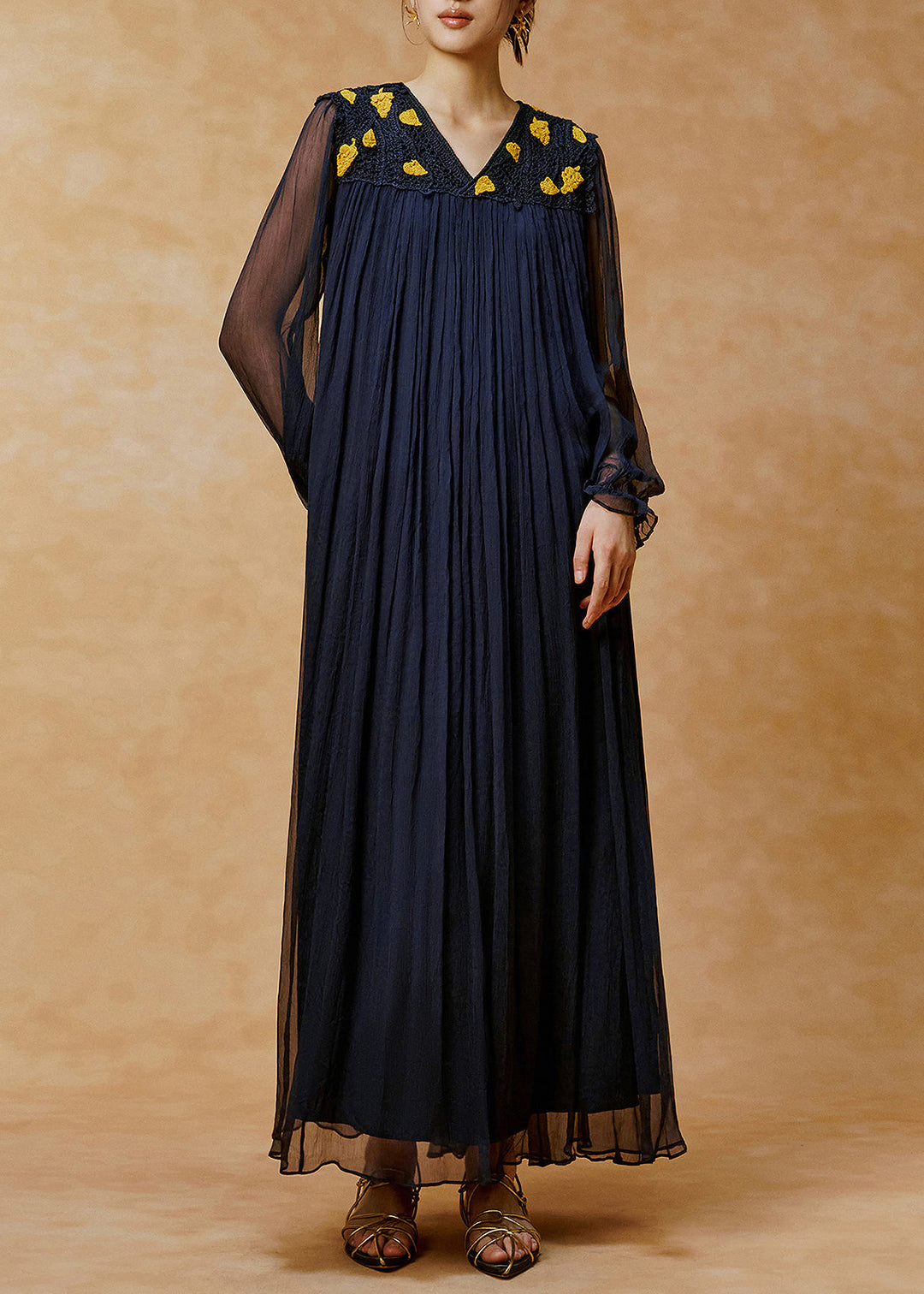 Unique Navy V Neck Wrinkled Handmade Hook Flower Long Dress Spring