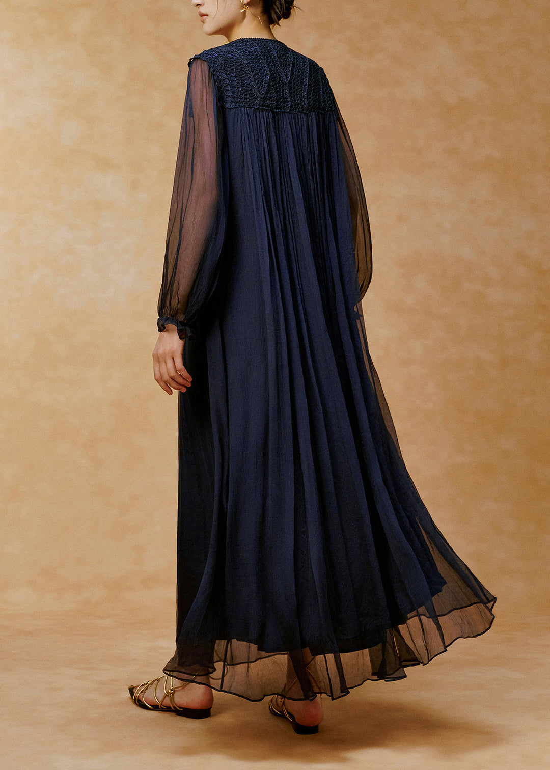 Unique Navy V Neck Wrinkled Handmade Hook Flower Long Dress Spring