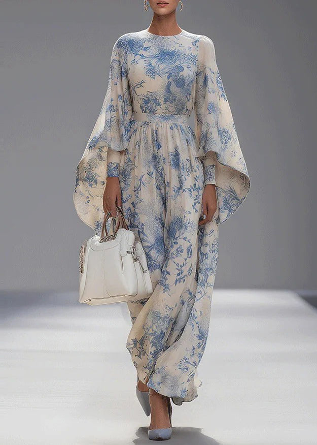 Unique O Neck Print Cotton Robe Dresses Flare Sleeve