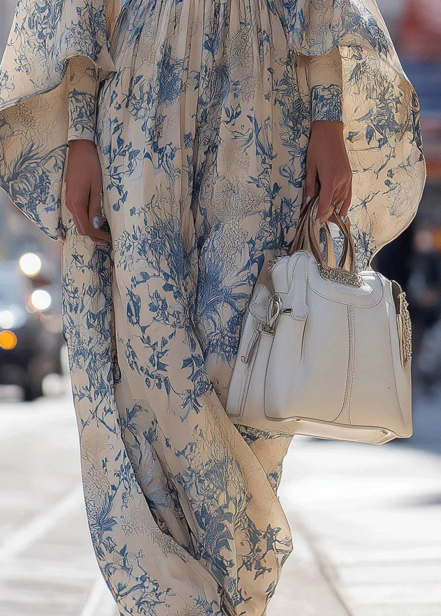 Unique O Neck Print Cotton Robe Dresses Flare Sleeve