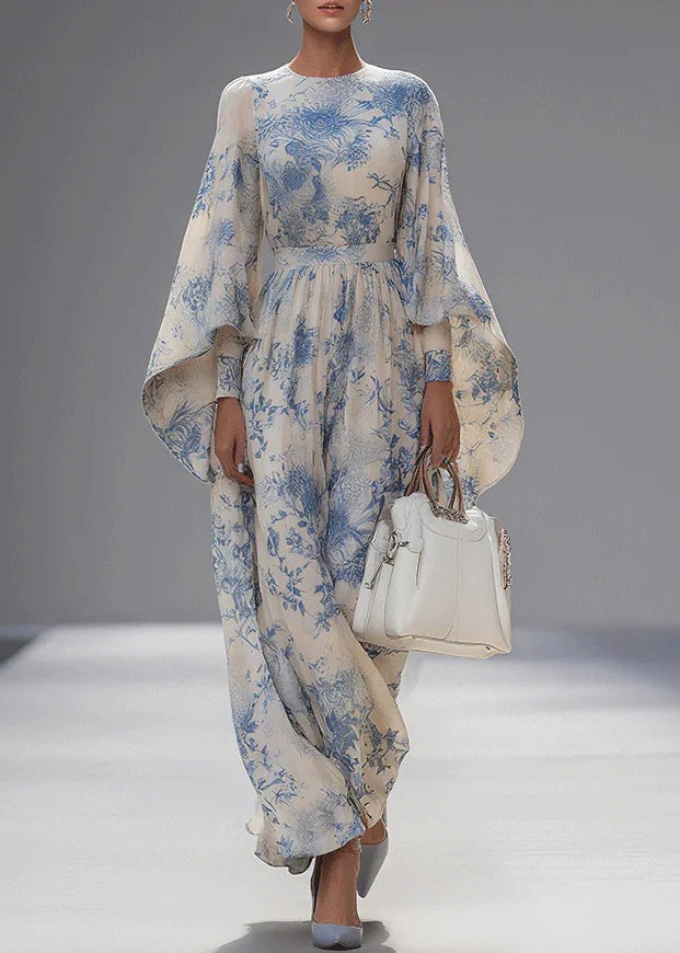 Unique O Neck Print Cotton Robe Dresses Flare Sleeve
