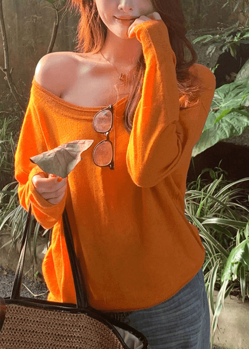 Unique Orange Asymmetrical Design Patchwork Thin Cotton Knit Top Spring