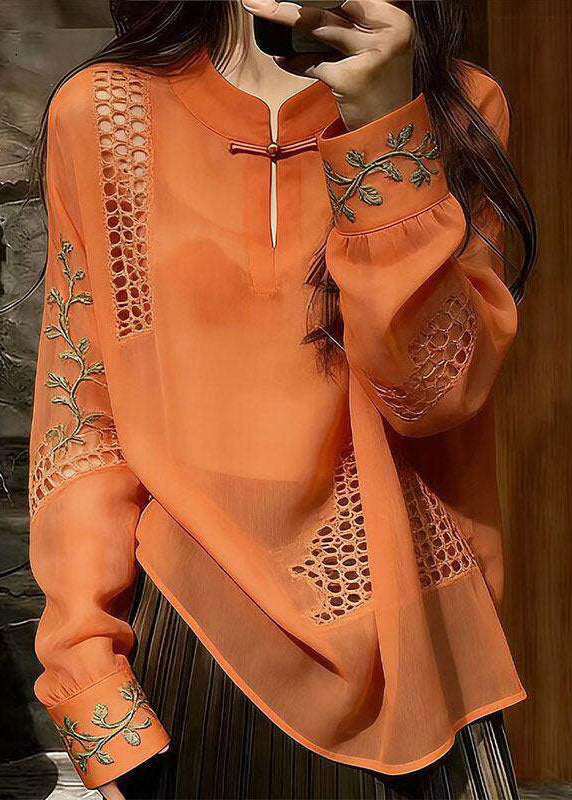 Unique Orange Embroidered Hollow Out Silk Shirt Long Sleeve