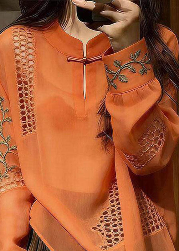 Unique Orange Embroidered Hollow Out Silk Shirt Long Sleeve