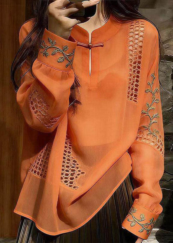 Unique Orange Embroidered Hollow Out Silk Shirt Long Sleeve
