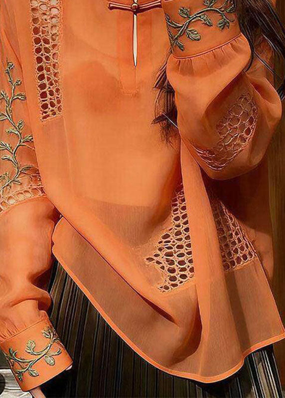 Unique Orange Embroidered Hollow Out Silk Shirt Long Sleeve