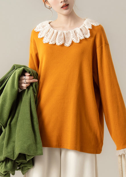 Unique Orange Oversized Patchwork Lace Blouse Top Spring