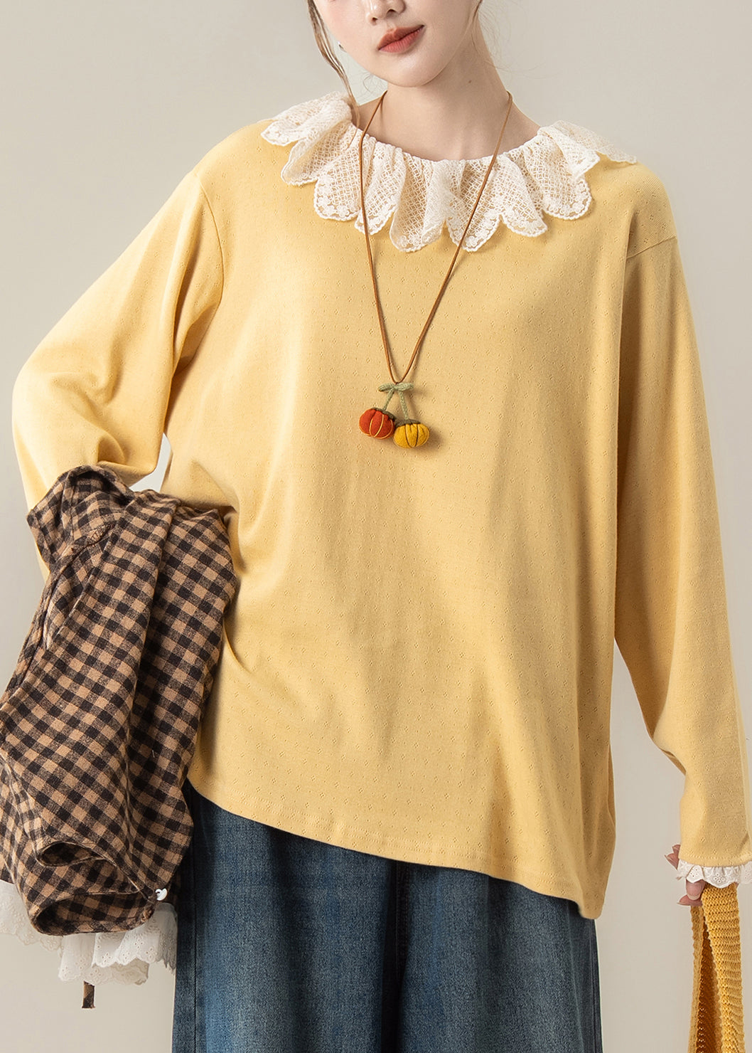 Unique Orange Oversized Patchwork Lace Blouse Top Spring