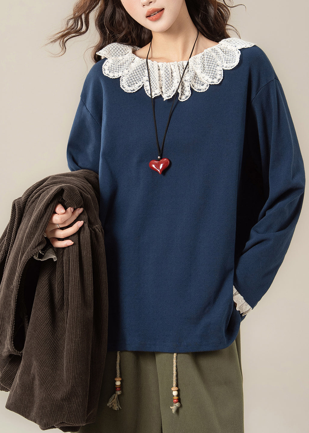 Unique Orange Oversized Patchwork Lace Blouse Top Spring